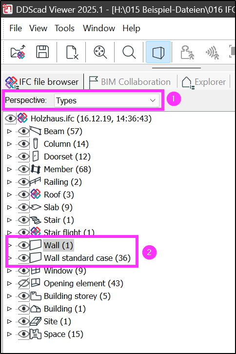 IFC File Browser mit Perspektive-Dropdown auf „Types“, Liste der Elementkategorien mit Anzahlen; „Wall (1)“ und „Wall standard case (36)“ sind hervorgehoben und zeigen die Wandtypen-Filterung.