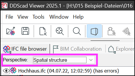IFC file browser mit hervorgehobener Dropdown-Liste „Perspective: Spatial structure“, um die Perspektivauswahl zu zeigen