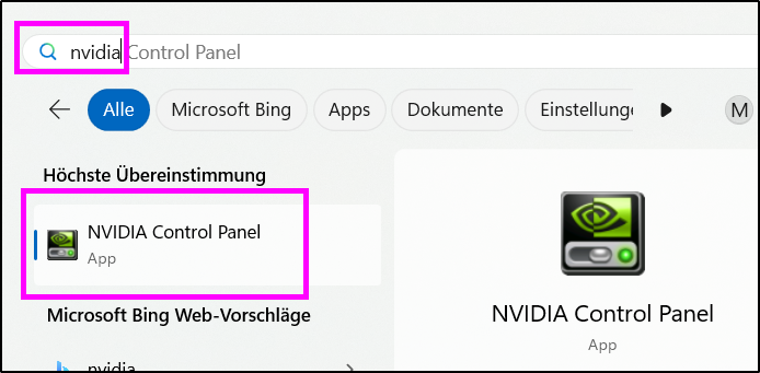 Windows-Startmenüsuche mit hervorgehobener Anwendung NVIDIA Systemsteuerung