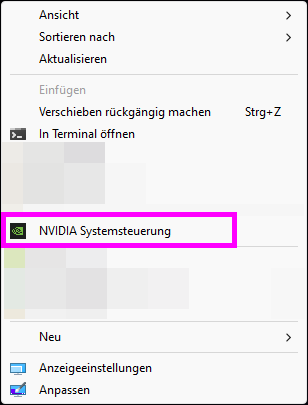 Kontextmenü auf dem Windows-Desktop mit Eintrag NVIDIA Systemsteuerung