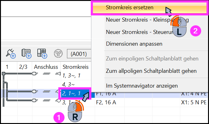 rechte Maustaste auf Stromkreis in der Stromkreisliste; Kontextmenü Stromkreis ersetzen