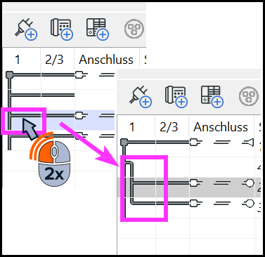 Klicken Sie anschließend doppelt in Spalte 1 des neuen Stromkreises, um diesen und nachfolgende wieder Niveau 2 zuzuordnen.
