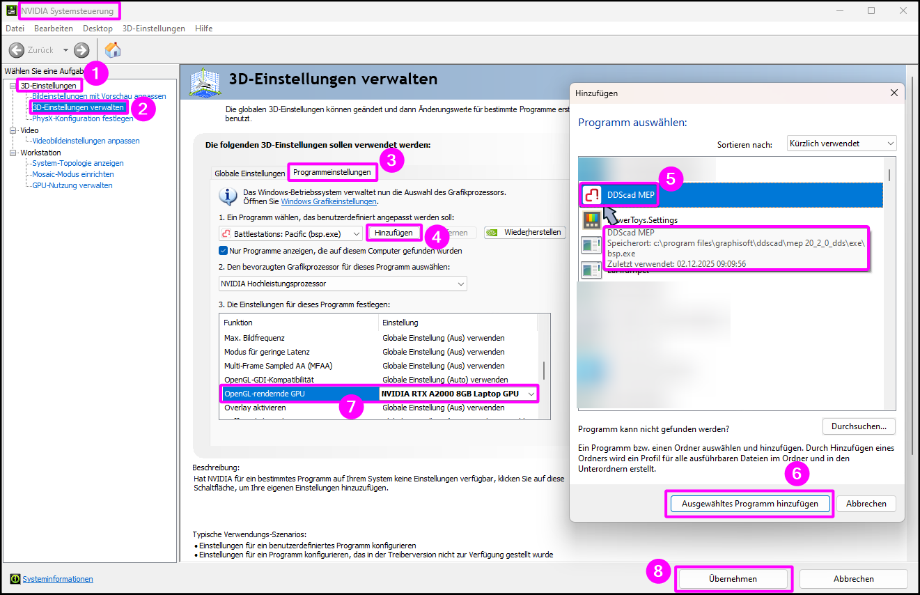 Fenster NVIDIA Systemsteuerung mit Bereich 3D-Einstellungen verwalten und Auswahl der OpenGL-rendernden GPU