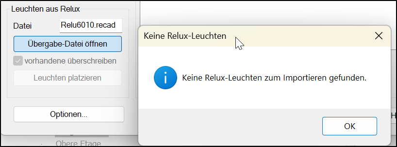 Fehlermeldung: Beim Einlesen des Relux Exportes werden keine Leuchten erkannt.