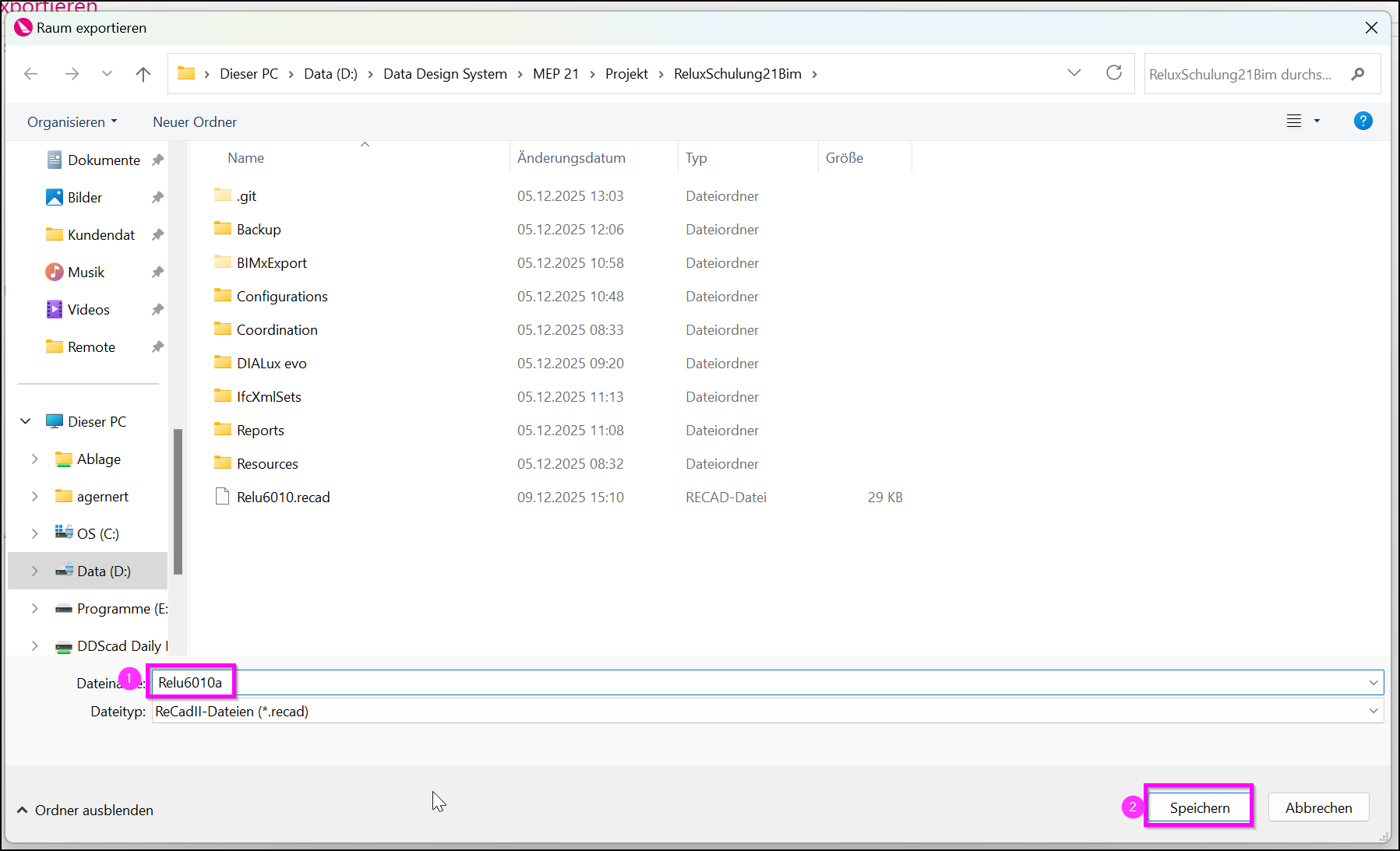 Relux Exportdialog: Dateinamen ändern (1) und Speichern (2).