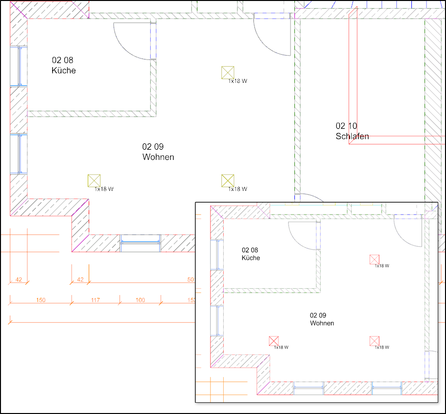 Grundriss mit Räumen 02 08 Küche, 02 09 Wohnen und 02 10 Schlafen, jeweils mit Türen, Fenstern, Maßketten sowie Symbolen und Beschriftung „1x18 W“ für Lichtpunkte; kleines Detailfenster zeigt denselben Grundriss vergrößert.
