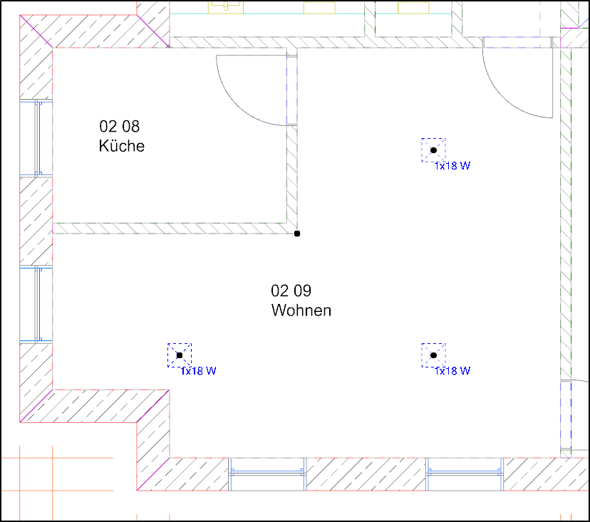Grundriss mit zwei Räumen: links oben Raum „02 08 Küche“, rechts großer Raum „02 09 Wohnen“ mit drei markierten Leuchten „1x18 W“. Türen zwischen Küche und Wohnen sowie zum Flur sind sichtbar.