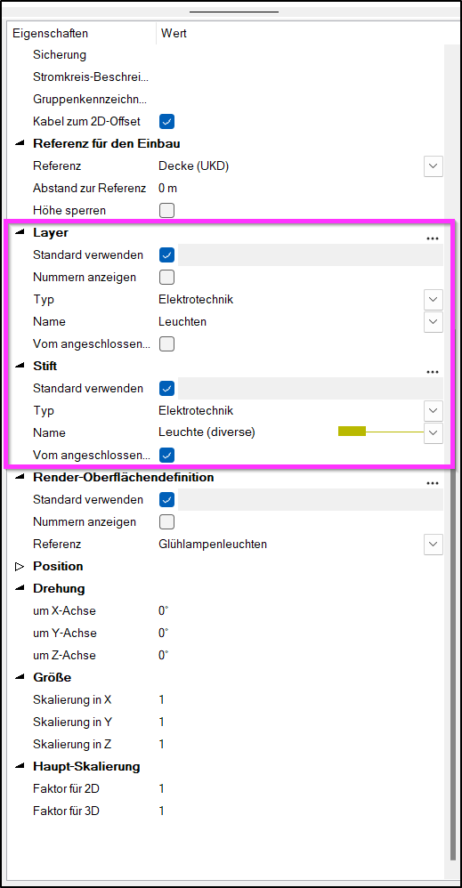 Eigenschaften-Dialog in DDScad-Oberfläche mit hervorgehobenen Bereichen „Layer“ und „Stift“, in denen Typ „Elektrotechnik“ und Name „Leuchten/Leuchte (diverse)“ für ein Elektroleuchten-Objekt eingestellt werden.