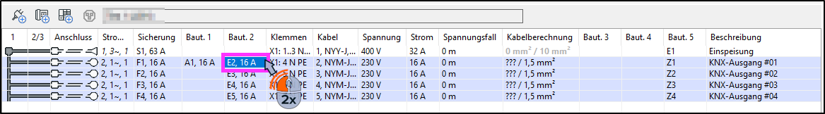 Tabellenansicht einer Elektro-/Kabelberechnung: Zeilen E2–E5, Spalten u. a. Anschluss, Sicherung, Kabel, Spannung/Strom; E2 „16 A“ markiert, Einträge „KNX-Ausgang #01–#04“.