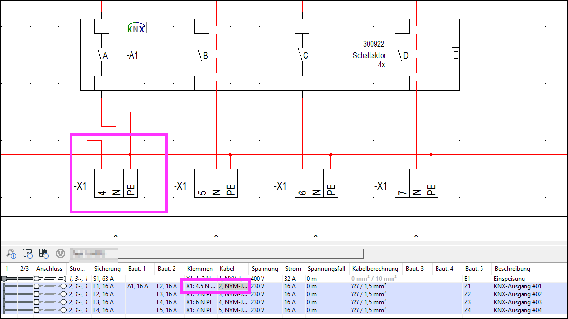 Schaltplan-Screenshot mit magenta Markierung: Klemme -X1 mit Anschlüssen 4, N und PE; unten Tabellenauszug, Zeile „X1: 4,5 N…“ hervorgehoben.