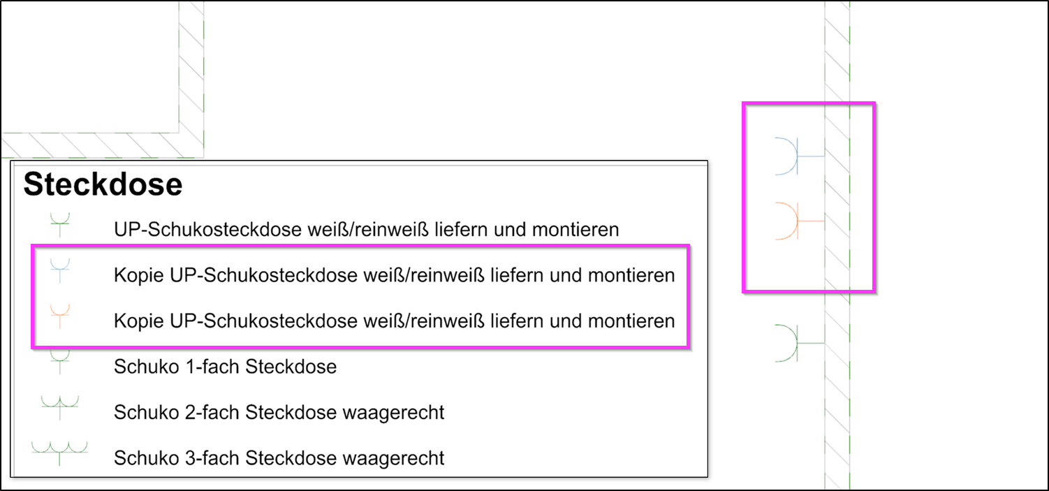 DDScad Grundriss im Drucklayout mit Legende, diese zeigt Steckdosen; in der Liste sind zweimal „Kopie UP‑Schukosteckdose weiß/reinweiß liefern und montieren“ markiert, rechts dazu farbige Steckdosensymbole an einer Wand hervorgehoben.