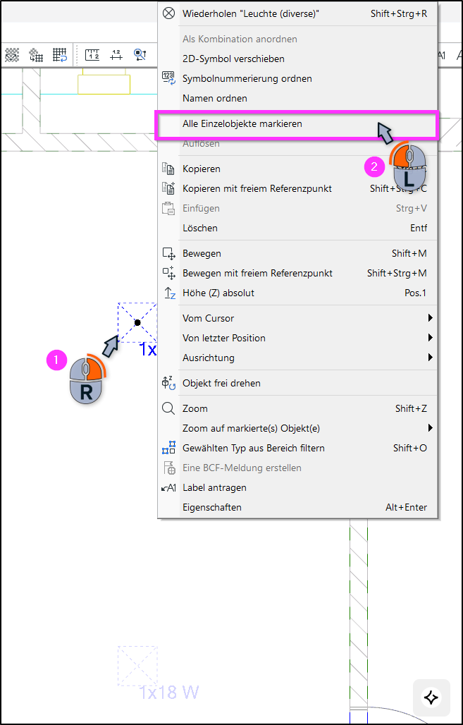 DDScad-Grundriss mit geöffnetem Kontextmenü eines Lichtobjekts; der Cursor zeigt auf den Befehl „Alle Einzelobjekte markieren“, daneben Icons, die den Rechtsklick-Schritt markieren.