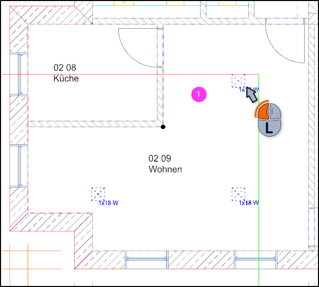 Grundriss in DDScad mit markierten Räumen „02 08 Küche“ und „02 09 Wohnen“, platzierten Lichtsymbolen „1x18 w“ und Mauszeiger mit Rechtsklick-Symbol an der Leuchte.