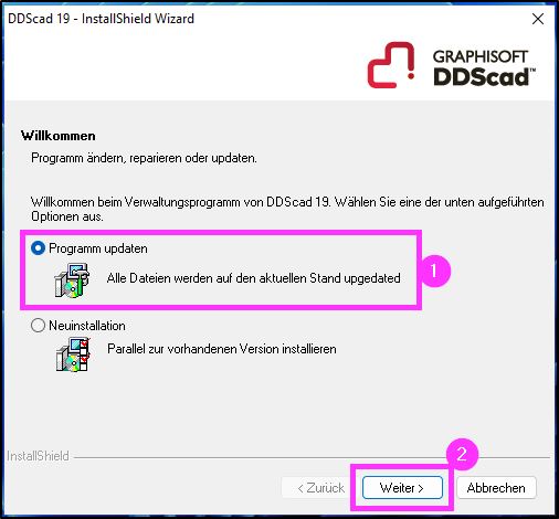 InstallShield-Fenster von DDScad 19 mit ausgewählter Option „Programm updaten – Alle Dateien werden auf den aktuellen Stand upgedated“ und markiertem „Weiter >“-Button unten rechts.