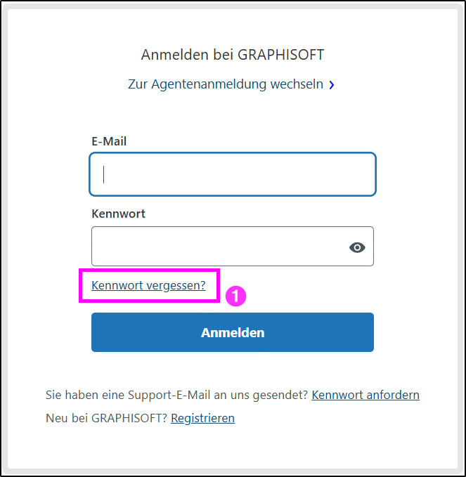 GRAPHISOFT-Loginseite mit Feldern für E-Mail und Kennwort; der Link „Kennwort