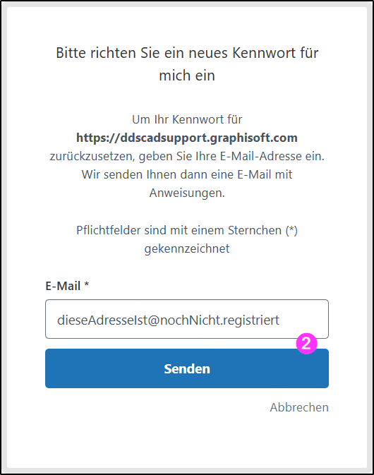 Zendesk-Seite „Bitte richten Sie ein neues Kennwort für mich ein“ für https://ddscadsupport.graphisoft.com, mit E‑Mail-Feld (Beispieladresse) und Button „Senden“.