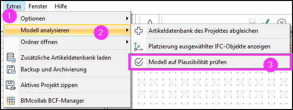 DDScad zeigt den Pfad: Extras → Modell analysieren → Modell auf Plausibilität prüfen, mit pink markierten Schritten 1 bis 3 zur Ausführung der Modellprüfung