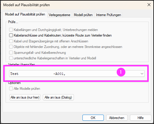 Dialog Modell auf Plausibilität prüfen mit Registerkarten, in dem unter Verteiler überprüfen ein Drop-down-Feld mit Eintrag Test –A001, pink hervorgehoben ist.