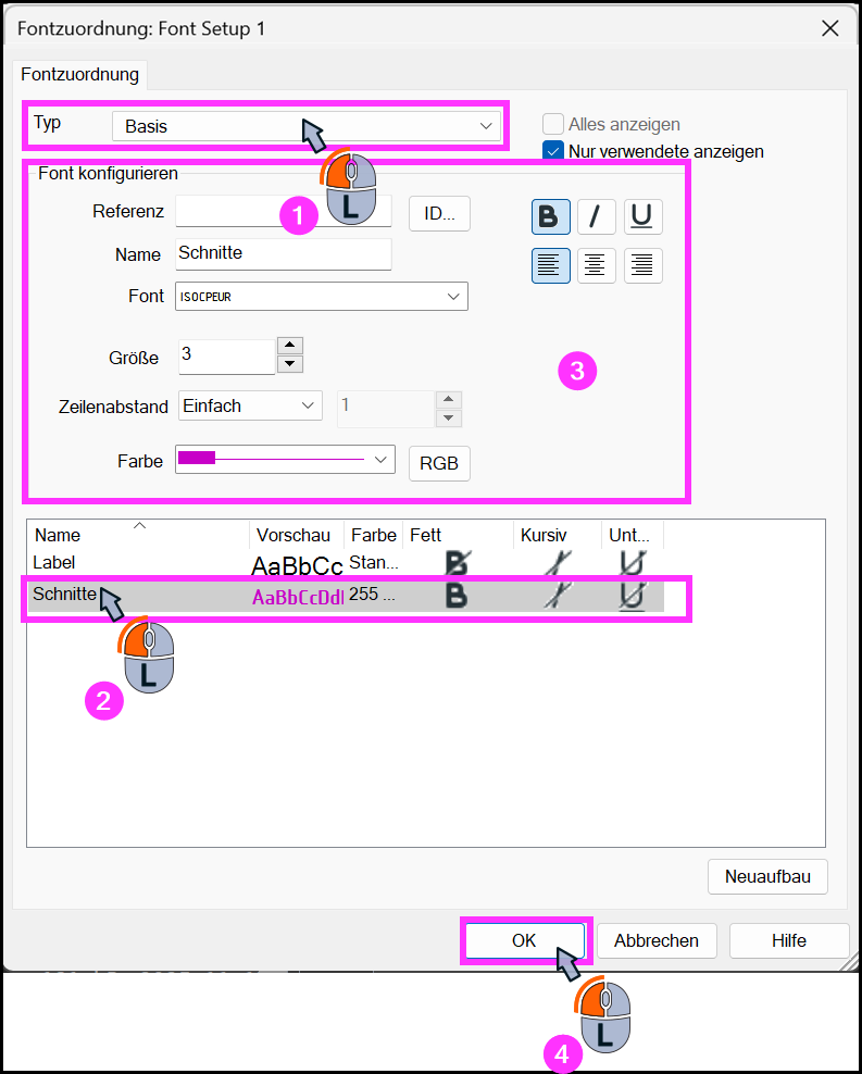 Dialog „Fontzuordnung: Font Setup 1“ mit ausgewähltem Typ „Basis“, unten der Eintrag „Schnitte“ markiert, oben die Font-Eigenschaften wie Größe 3 und Farbe eingestellt, Schaltfläche „OK“ zum Bestätigen hervorgehoben