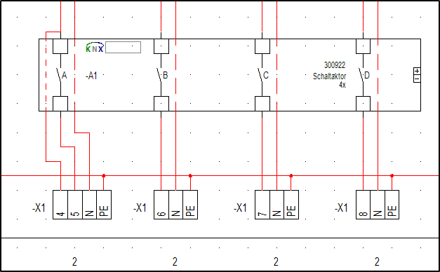 Ein elektrischer Verdrahtungsplan zeigt vier wiederholte Klemmenblöcke mit der Bezeichnung „-X1“ sowie den Anschlüssen „L3“ und „PE“ (Schutzleiter); rote, vertikale Verdrahtungslinien führen zu einem Gerät mit der Beschriftung „Schaltaktor 4x“.​