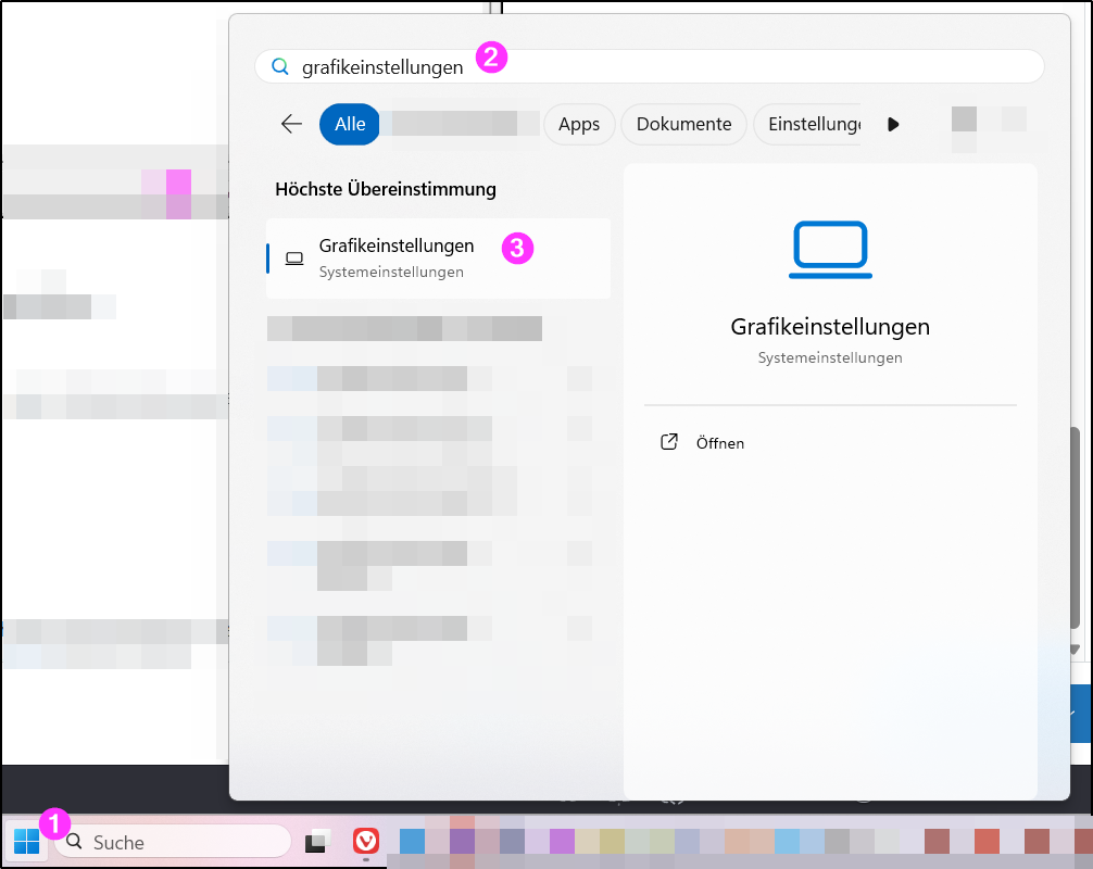 Windows-Suche mit markiertem Eintrag Grafikeinstellungen und Schaltfläche Öffnen