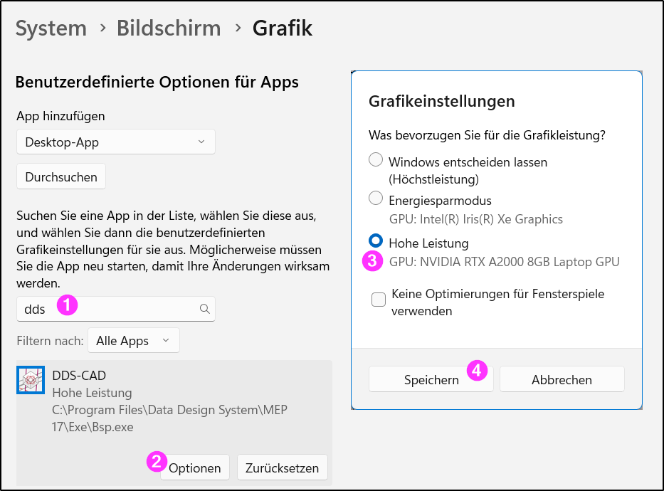 Windows-Grafikeinstellungen mit ausgewählter DDScad-App und gesetzter Option Hohe Leistung (NVIDIA-GPU)