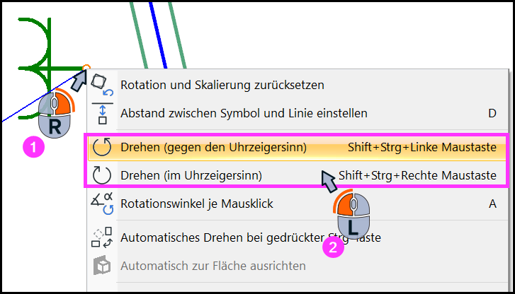 Kontextmenü: Drehen im/gegen Uhrzeigersinn