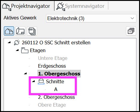 Schnitte im Projektnavigator
