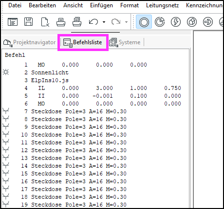 DDScad-Fenster mit aktivem Reiter „Befehlsliste“ neben „Projektnavigator“ und „Systeme“. Darunter eine Tabelle mit nummerierten Befehlen und Spalten für Werte, z.B. Steckdosen- und Sonnenlicht-Einträge.