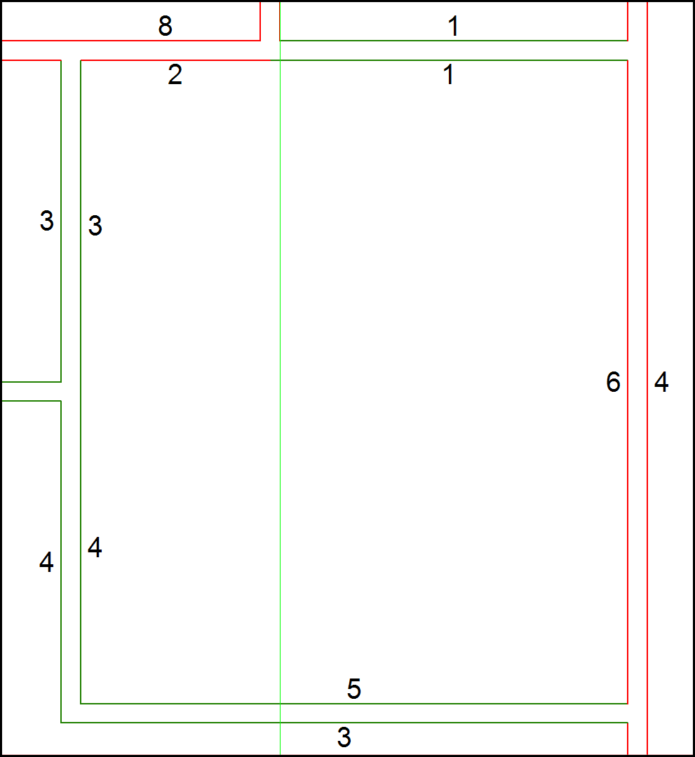 Grundriss mit Hilfslinie und Bereich für Zwischendecke rechts
