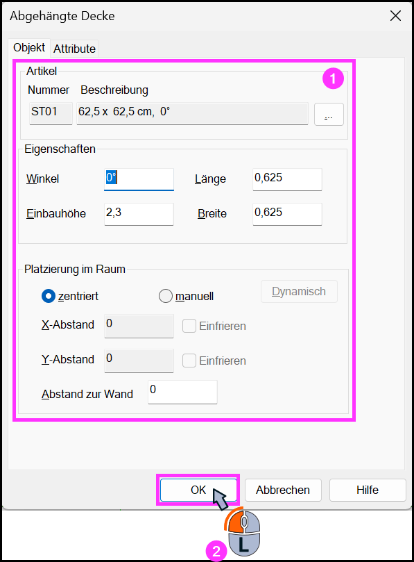 Dialog für Einstellungen der abgehängten Decke
