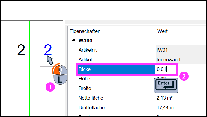 Reduzierte Wanddicke auf der Seite mit der Zwischendecke