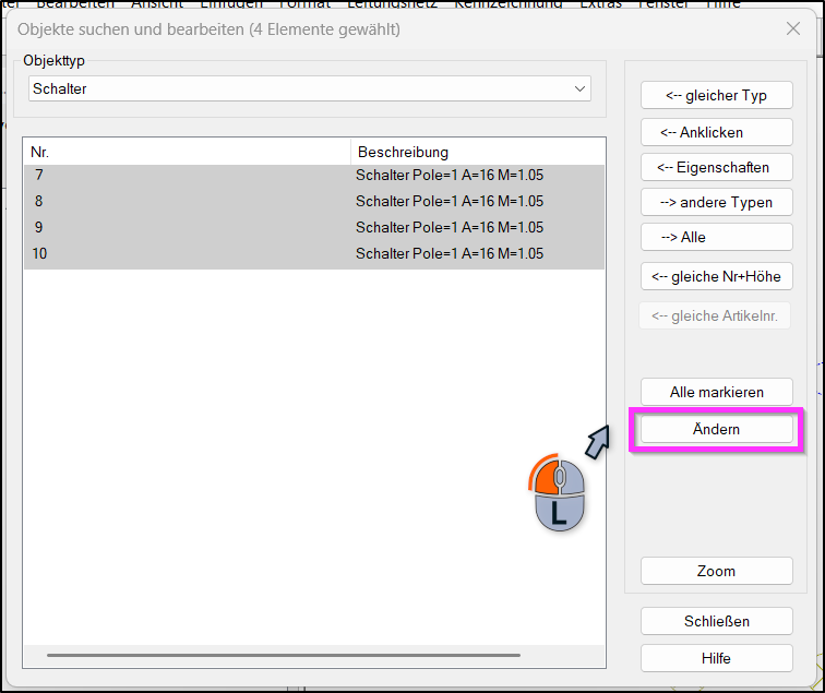Dialog „Objekte suchen und bearbeiten“ in Archicad mit ausgewählten Schaltern in der Liste links und hervorgehobener Schaltfläche „Ändern“ rechts, mit Maus-Symbol zum Klicken.