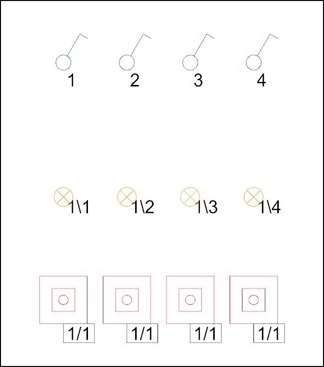 Dreireihige CAD-Grafik mit vier Symbolgruppen: oben Schalter-Symbole mit den Zahlen 1–4, darunter Deckenauslass-Symbole in gelben Kreisen mit Beschriftungen 1\1–1\4, unten Brandmelder-Symbole als rote verschachtelte Quadrate mit mittigem Kreis und Beschriftung 1/1.