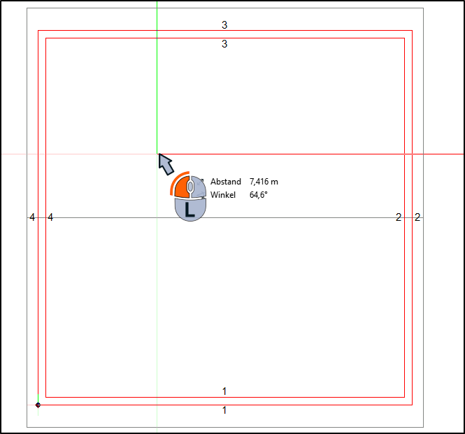 DDScad-Grundriss mit rechteckigem Raum und roten Wandkonturen; ein grüner Lotstrahl und ein horizontaler Hilfslinienstrahl kreuzen sich, während das Tracking-Fenster Abstand 7,416 m und Winkel 64,6° neben dem Cursor anzeigt.