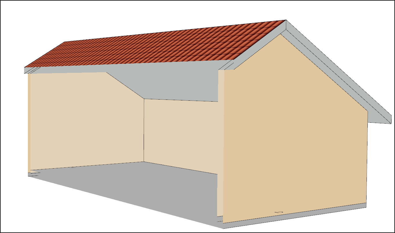 3D Schnittdarstellung eines einfachen rechteckigen Gebäudes in Archicad mit geneigtem Satteldach und roten Ziegeln; eine Seitenwand fehlt, sodass die innere Dachschräge, Wände und die graue Bodenplatte sichtbar sind.