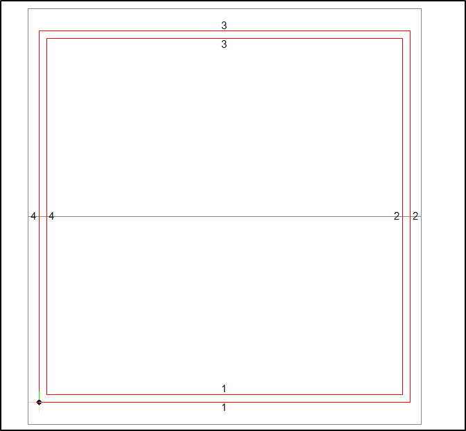 Grundrissansicht eines rechteckigen Raums in Archicad mit doppeltem roten Rand als Wandkontur; die Wände sind an den Seiten mit den Geschossmarkierungen 1, 2, 3 und 4 beschriftet.