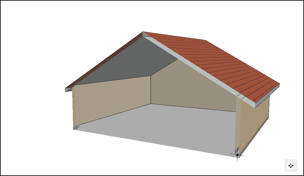 3D-Schnittansicht eines einfachen Gebäudes in Archicad mit rotem Satteldach; eine Längswand ist entfernt, sodass die innere Dachschräge, geschlossene Giebelwand und graue Bodenplatte vollständig sichtbar sind.