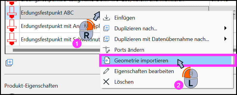Kontextmenü mit Befehl Geometrie importieren für kundenspezifischen Artikel