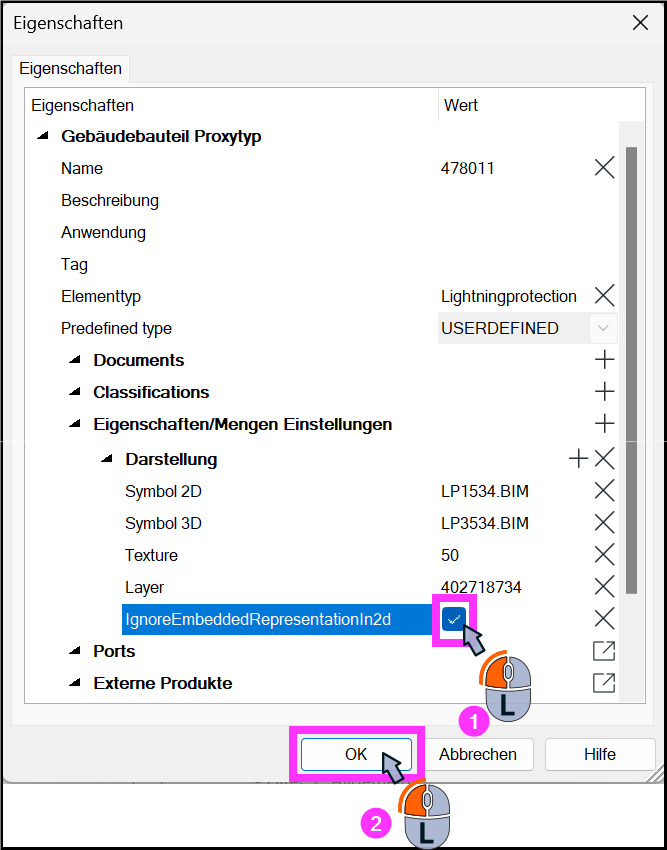 Aktivierte Option IgnoreEmbeddedRepresentationIn2d in den Eigenschaften