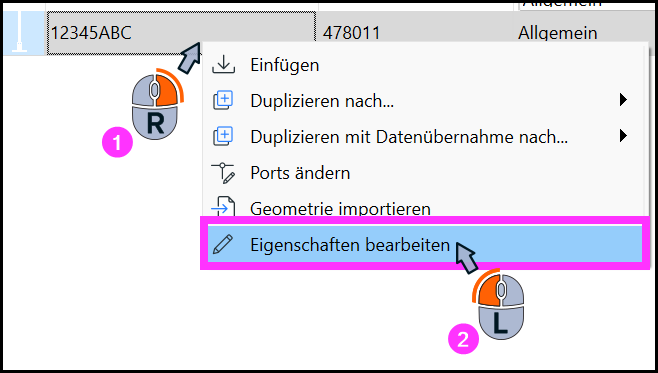 Kontextmenü zum Öffnen der Eigenschaften des Artikels