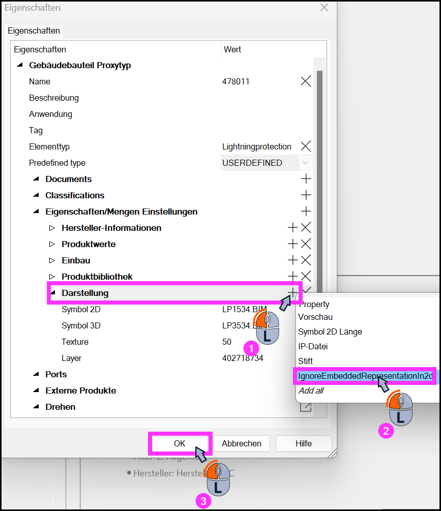 Eigenschaften mit Darstellung und Eintrag IgnoreEmbeddedRepresentationIn2d
