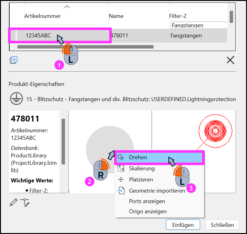 Kontextmenü mit Funktion Drehen in der 3D-Vorschau