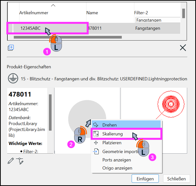 Kontextmenü mit Funktion Skalierung in der 3D-Vorschau