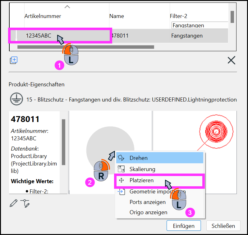 Kontextmenü mit Funktion Platzieren in der 3D-Vorschau