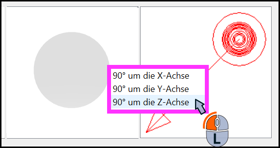 Kontextmenü zum Drehen um X-, Y- oder Z-Achse