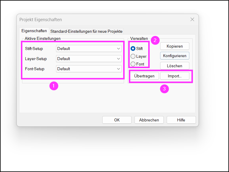 Dialog „Projekt Eigenschaften“ in DDScad mit Register „Eigenschaften“. Bereich „Aktive Einstellungen“ für Stift-, Layer- und Font-Setup ist als Schritt 1 markiert, die Option „Stift“ im Bereich „Verwalten“ als Schritt 2 und die Schaltflächen „Übertragen“ und „Import…“ als Schritt 3 hervorgehoben.