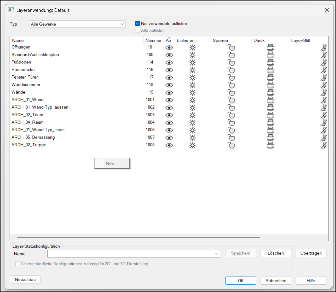 „Layeranwendung: Default“ in DDScad mit Liste der Layernamen wie „Öffnungen“, „Standard-Architektenplan“, „Fußboden“ und „ARCH_01_Wand“. Spalten zeigen Nummer, Status „An“, Einfrieren, Sperren, Druck und Layer-Stift, unten rechts die Schaltflächen „OK“, „Abbrechen“ und „Hilfe“.