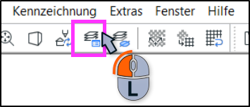 DDScad-Symbolleiste mit markiertem Layer-Symbol unter dem Menü „Kennzeichnung“. Das Symbol mit gestapelten Ebenen ist pink umrandet, darunter zeigt eine Mausgrafik einen Links-Klick.