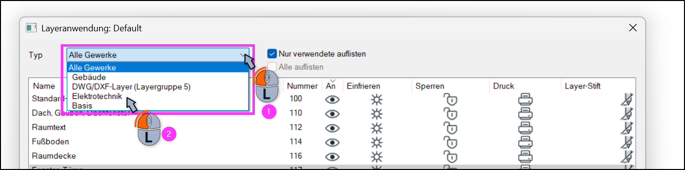 Dialog „Layeranwendung: Default“ in DDScad mit geöffnetem Dropdown-Feld „Typ“. Im Dropdown ist „Alle Gewerke“ ausgewählt, darunter Optionen wie „Gebäude“, „DWG/DXF-Layer (Layergruppe 5)“, „Elektrotechnik“ und „Basis“. Zwei Mausgrafiken markieren den Klick auf das Dropdown und die Auswahl eines Eintrags.